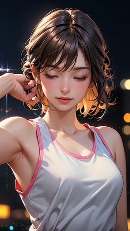 Highly detailed CG Unity 8k wallpaper, highest quality, Very detailed, Realistic, photo realistic, Very knowledgeable cute girl, Age 25, logic, Belly logic, Round eyes, audience, blush, Lips parted, Half Body Shot, Sportswear, Gym, Underarm, short hair, Underarm, masterpiece, textured skin, high details, 8k
