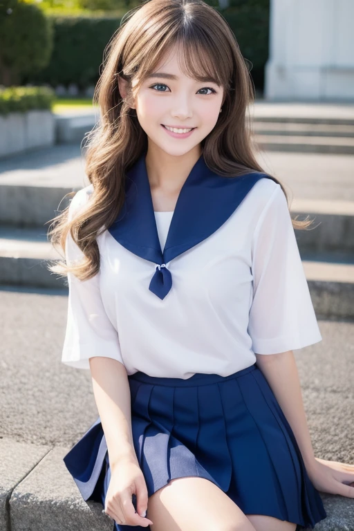 (top-quality、in 8K、32K、)、Photo of a schoolgirl with an attractive Japan、student clothes、White blouses、Blue miniskirt、Long curled hair、Brown hair、large boob、cute little、a beauty girl、