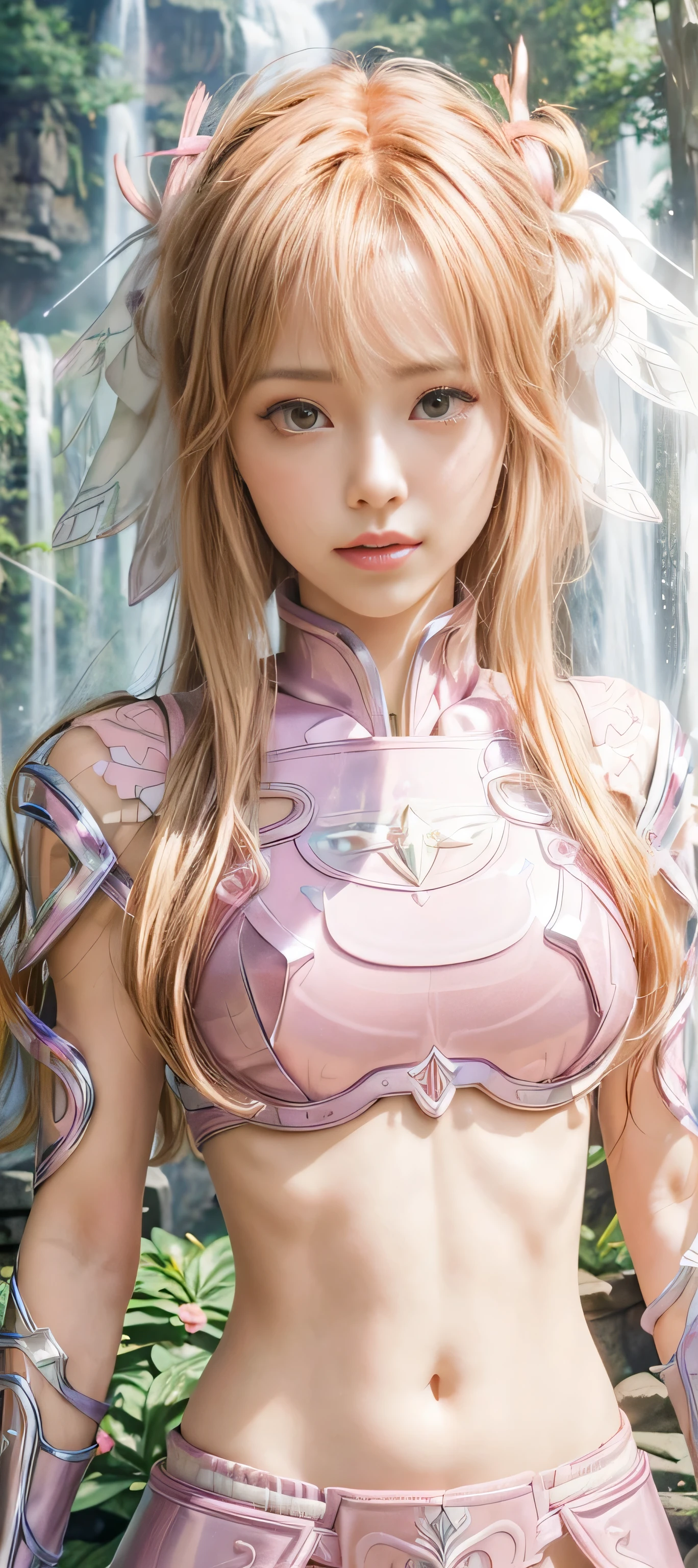 masterpiece, best quality, (realistic,photo-realistic:1.4), (RAW photo:1.2), extremely detailed CG unity 8k wallpaper, delicate and beautiful, amazing, finely detail,official art, absurdres, incredibly absurdres, huge filesize, ultra-detailed, extremely detailed, extremely detailed girl,extremely detailed eyes and face, light on face,(short hair:1.3),(caramel hair:1.3),(waterfall background:1.4),nature,medium breast,yuuki asuna,(hair ribbon:1.5),(parted bangs:1.4),(wearing saint seiya pink armor:1.5),navel