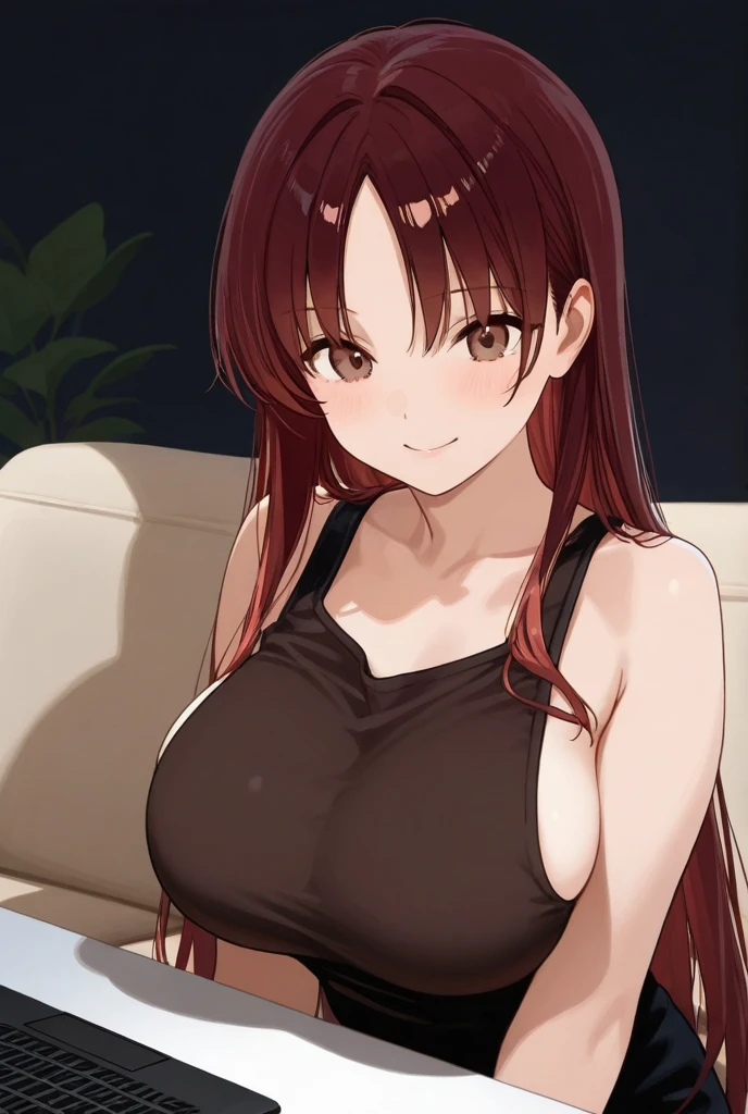 レッドの髪のアニメのgirl, girl, classic girl, , girl, girly romance, official art, ポニーテール髪のgirl, セミロングヘアーの赤髪のgirl, big breasts, big breasts, artistic, clothing:black vest, anime dick!!!!, Upper body only, standing, girlが見つめている, Hino Rei as princess,