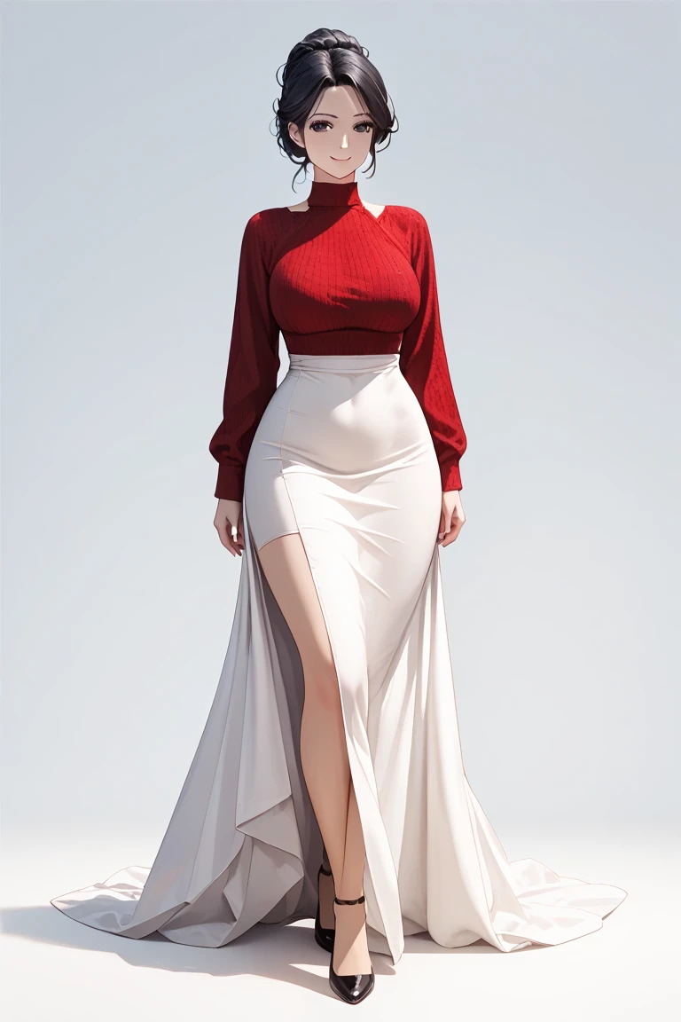Image is a full-body portrait of a woman standing against a plain, light peach background. She has a light skin tone and is wearing a red dress with long, puffed sleeves and a high collar. Her outfit includes a long, flowing, black skirt that reaches her ankles. She is also wearing a matching rust-colored hijab that is neatly wrapped around her head and drapes over her shoulders. Her footwear consists of white gray, white pointed-toe shoes. The overall style is modest and elegant, with a harmonious color palette of red and black, with an accent of rust.
