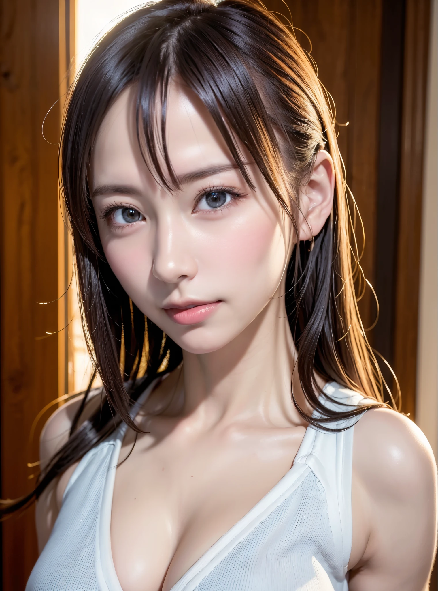 (logo, masterpiece, 8K, Tabletop, RAW Photos, wonderful, 最high quality, Photorealistic and very detailed CG composite 8k wallpaper, high quality, Very detailed, Narrative poem, Particle Effects, Dynamic Effects, Depth of the Boundary, What is written i, Cinematic Light, Lens flare, Ray Tracing), Beautiful young woman, Hair tied back, high detail skin, very fine, fine skin texture, intricate details, beautiful face, realistic eyes, beautifully detailed eyes, realistic skin, beautiful skin, surreal, very detailed Golden ratio, smiling eyes, body portrait, glamorous, cute santa clothes, sexy knit dress, Cinematic background, Light skin tone