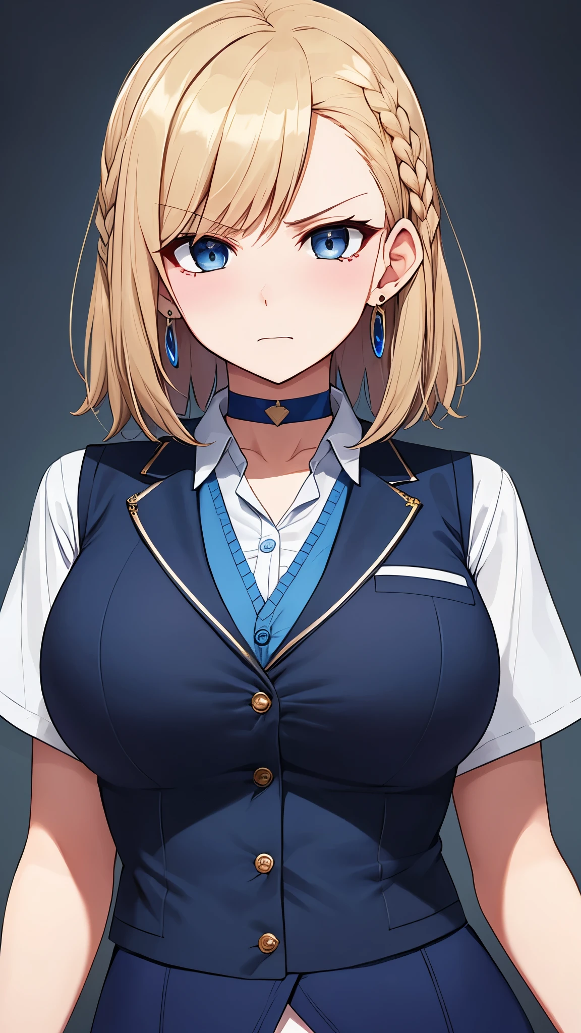 1girl,White shirt, black checkered skirt, black bow tie, , medium hair,ponytail, blonde hair, glasses, blue eyes, standing, half body photo,very big breast, ultra HD, ultra detail, masterpiece