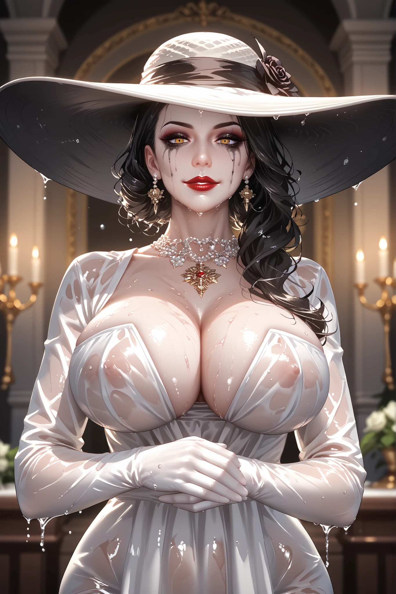 { - anatomy error} (masterpiece, best quality) 1girl, LadyDimitrescu, light skin, black hair, black flower, black rose, jewelry, breasts, necklace, hat, solo, yellow eyes, flower, dress, makeup, cleavage, pale skin, looking at viewer, earrings, lipstick, red lips, pearl necklace, rose, large breasts, smile, short hair, white dress, black headwear, upper body, sun hat, grin, mature female, Walking, writing, lying down, standing, on your back, dynamic poses. Get ready to dive into a world where beauty and craftsmanship merge perfectly.
