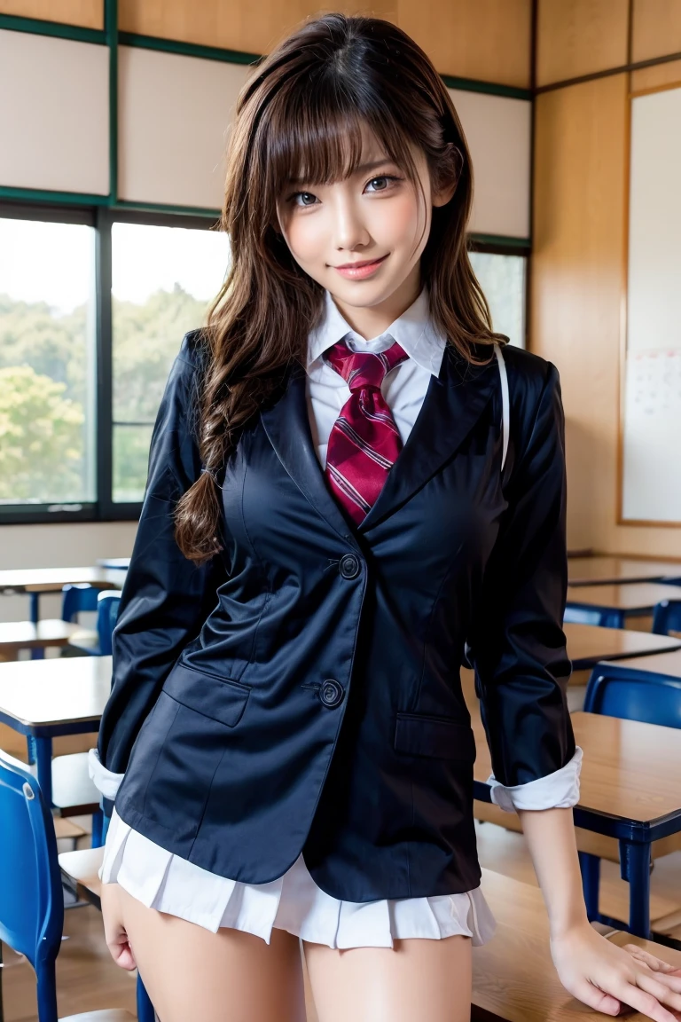 nsfw,One Woman、((Standing wearing a blazer and miniskirt school uniform))、Primary school students,((small breasts)),Highest quality、Very delicate and beautiful、((Very short bangs))、((Bangs))、明るいつやのある茶色の髪のHighest quality、Very delicate and beautiful、((Very short bangs))、((blunt bangs))、Light shiny brown hair、The hair is light、((Short Bob))、Cute face、Young face、Cute like an idol、Are thin、Slim figure、slender、Short、 body type、((Background is an elementary school classroom))、Thighs、Shooting from below、Low - Angle、Dutch Angle、Emphasis on the crotch、ceiling、The best smile、