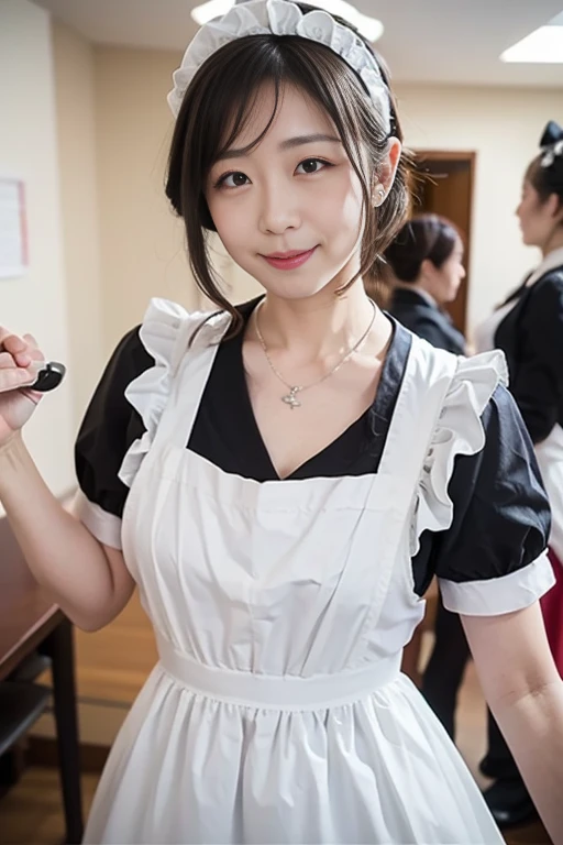 (A gorgeous lady, 28yo, in cafe shop, a waitress bringing a plate of peach to the table, beautiful detailed face, feminine feel, gentle face, friendly & kind smile, detailed eyes, beautiful detailed lips, extremely detailed eyes & face, long eyelashes, stylish bob haircut, healthy figure, modest bosom, Gothic Lolita semi-costume, maid costume, strawberry designs image, silky clothes that are mainly white, flesh-colored pantyhose, high-heels, SFW, Family-friendly, (best quality,4k,8k,highres,masterpiece:1.2),ultra-detailed,(realistic,photorealistic,photo-realistic:1.37),HDR,UHD,studio lighting,ultra-fine painting,sharp focus,physically-based rendering,extreme detail description,professional,vivid colors,bokeh,portraits,photography)