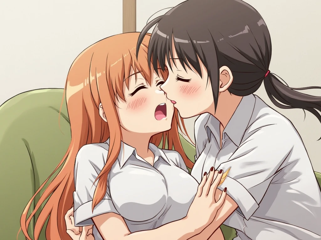 Masterpiece, best quality, 2 girls, lily, (kiss:1.4), (french kiss), blush, eyes closed, (tongue), (groping),  maid outfit, hands on chest, sisters, glasses, girl, touching breasts, (full body:0.6), laying down on bed together.