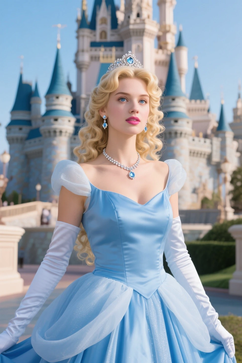 A modern-day gorgeous young English beauty dressed for Royal Ascot in an ultra-conservative dress with puffed sleeves, hat, pearl necklace, elegantly styled blonde hair, and blue eyes