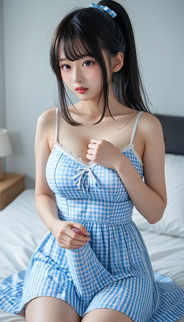 ((beautiful girlの寝室のベッド)), (Exciting and adventurous atmosphere), Digital camera with low ISO settings, Medium aperture zoom lens, (Inspired by Rakuten Girl), (Large Breasts), (Perfect Anatomy:1.4), (Baby Face), (beautiful girl), ((Sailor suits and miniskirts:1.3)), (Estrus:1.3), (Masturbating while sitting on the bed:1.3), (Staring with sexy eyes:1.3), (Detailed hands:1.2), (Detailed eyes and face:1.2)