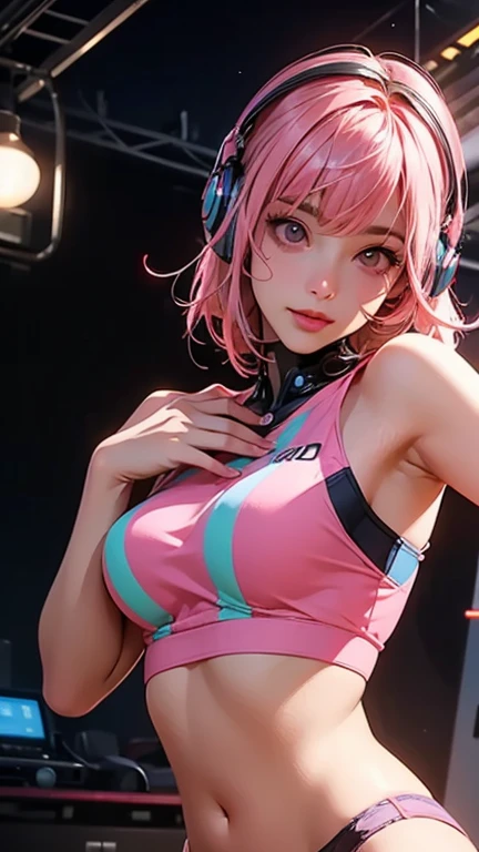 masterpiece, best quality, 1girl, solo, crop top, ((colossal cleavage, nsfw:1.3)), gym leggings, choker, (graffiti:1.5), paint splatter, arms behind back, (see-through clothes, nipples), against wall, looking at viewer, armband, thigh strap, paint on body, head tilt, bored, multicolored hair, aqua eyes, headset, peepshow, (((petting cameltoe)))