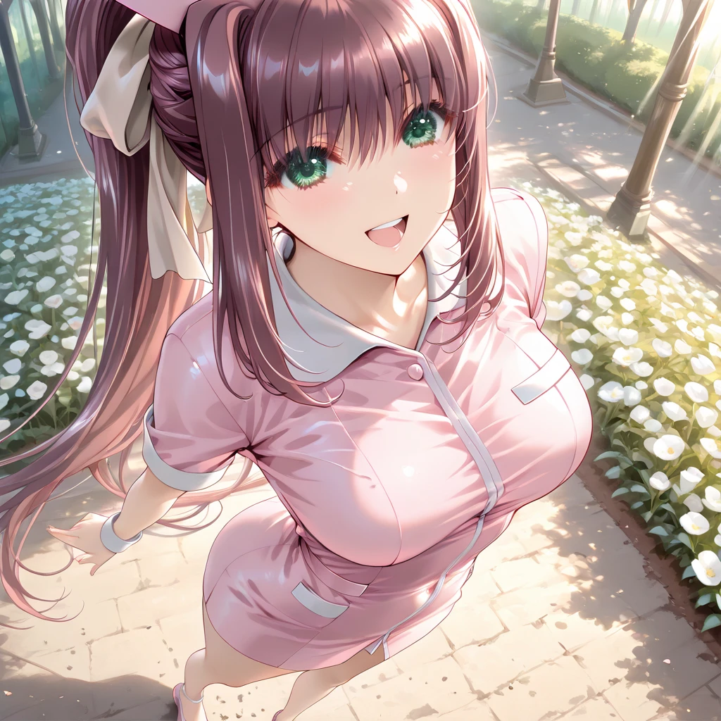 masterpiece, illustration, ginger hair, long hair, pink bow on hair, plump puckered lips, cute smile, brown eyes, big boobs, thick thighs, pantyhose, white top, unbuttoned top, jira kei aesthetic, hair pins, mini pink skirt, sitting on chair, from below
