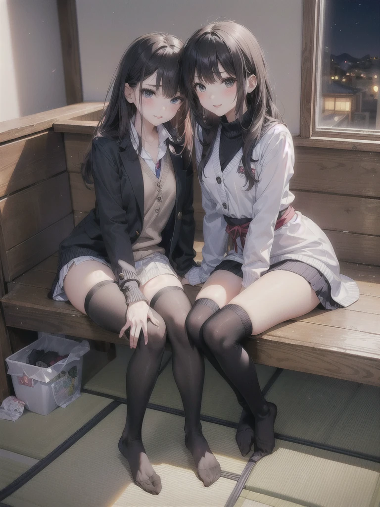 female high-school student,Standard student appearance,Asia face,(middlebreast,),It's more tumultuous,adolable,rays of sunshine,(perfect bodies:1.1),(Medium-long wavy hair:1.2),Black medium long hair,black lence stockings(lacepantyhose),without wearing shoes,Single full-body photo,At home。