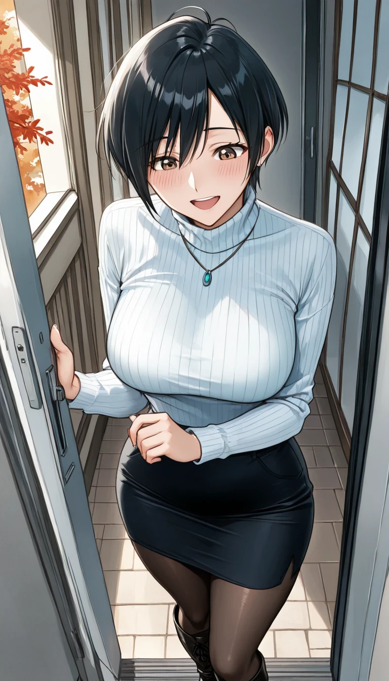 score_9, score_8_up, score_7_up, source_anime top quality、8k、masterpiece、natural light、high accuracy、Perfect Anatomy、One woman、medium chest、saggy breasts:1.3、black hair、shortcut、boyish、( Happy Expression 、blushes)、loose fit long sleeve turtleneck sweater、tight pencil skirt、pantyhose、long boots、 autumn park、walking