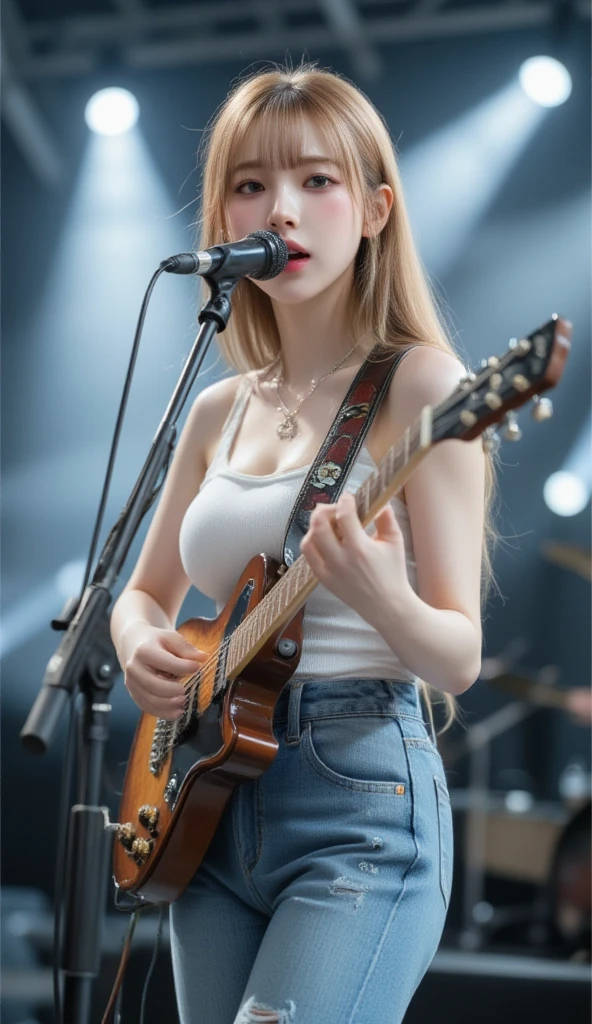 A young East beautiful woman with long blonde hair passionately singing on stage. She is standing confidently, playing an acoustic guitar while belting out a powerful note, her mouth open wide and her face turned slightly upward, creating distance between her face and the microphone. She wears a fitted white sleeveless top and denim jeans, subtly accentuating her curvy figure. The lighting consists of soft white spotlights that highlight her expressive performance. The atmosphere is emotional and cinematic, with a strong stage presence, detailed facial expression, and high realism in concert photo style.