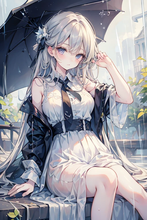 ((Highest quality)), ((masterpiece)), ((detailed)), 1ghost girl, 独奏, pale skin, silver hair, long hair, flat chest, sundress, frilled , spread ochromia, yellow eye, (sad), sad smile, rain, (wet), see through