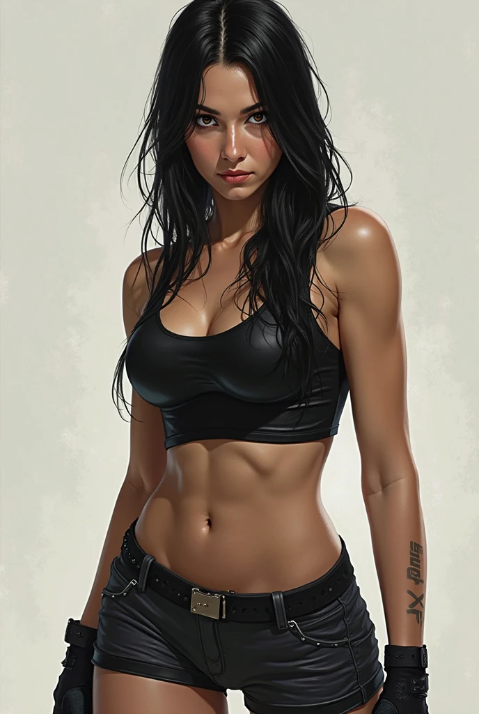 brunette woman, greeneyes, blackquality hair, turned legs, muscular arms, alta e musclegirl, wearing combat boots and red nails, black lipstick, T-shirt with neckline, standing, musclegirl 