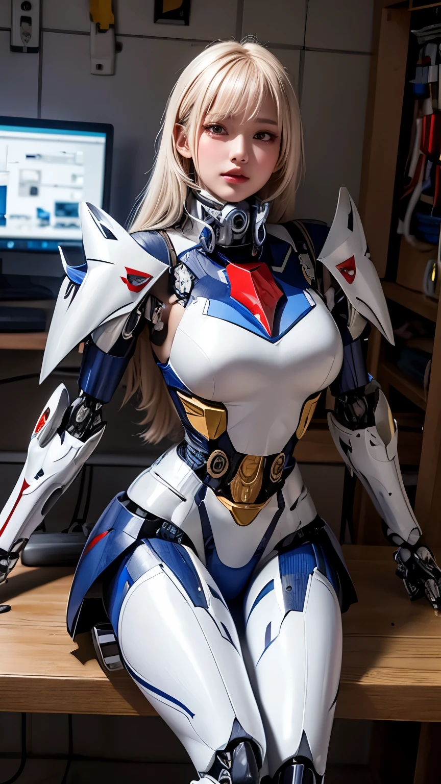 Ultra Realistic, HD 16K, Masterpiece, Source_Request, Highly detailed, robot girl in her machine lab workshop, sitting astride, next to the table where her robotic repair tools are placed, her robotic metal suit is full of holes, due to being destroyed by impacts and rockets, her hands are focused on connecting the broken cables on her upper thighs, emitting flashes of electricity and sparks, complex background, (((Mecha body Armor:1.4))),
