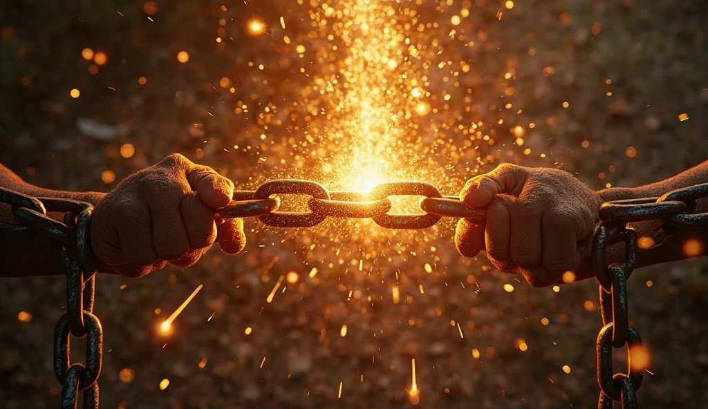 Create a poster on heal the world in which hands  holding a single hammer are breaking the chain depicting problems like rape, pollution , poor health and mental stress. A light is emerging from the point where the chain is breaking.