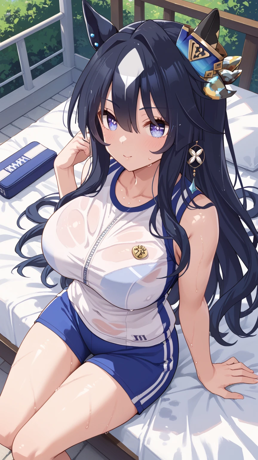 1girl, dark skin, black skin, dark-skinned female, white hair, long hair, large breasts, wide hips, thick thighs, shirt, sportswear, shy, sports bra, hourglass figure, mature female, skin tight, tight clothes, text, number, ((card_\(medium\) ))