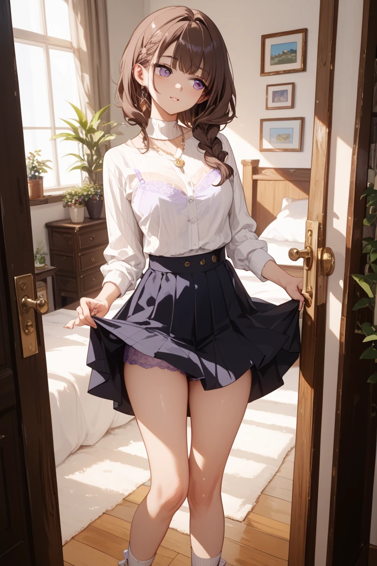 (1) there is one woman, She rolls up her skirt to show her beautiful legs,
(2) she is standing, I would like you to draw a picture of the whole body with legs visible.,
(3) The woman wears a blue V-neck knit and a black pleated miniskirt,
(4) The slightly exposed pants are light blue and have a flashy pattern.,
(5) The woman has medium-long brown hair., shining eyes, and provocative, grinning expression,
(6) The location is the living room of the apartment.,
(7) highest quality, High resolution, realistic pictures, realistic skin,