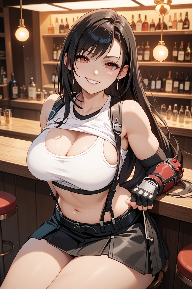 best quality, ultra-detailed, high resolution, extremely detailed CG, unity 8k wallpaper, super detailed skin, detailed, dynamic lighting, beautiful detailed eyes, defTifa, white crop top, elbow pad, fingerless gloves, suspenders, very short pleated miniskirt, red boots, bar counter, showing panties, dynamic pose, red eyes, smile, fighting stance,