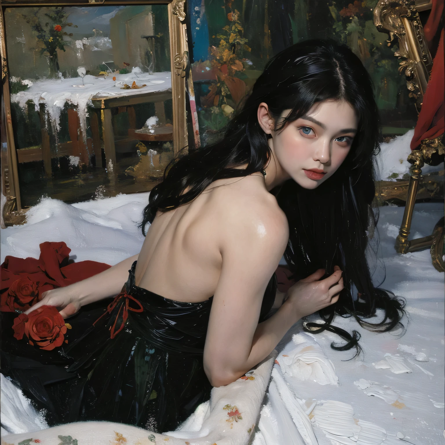 (Canon RF85mm f/1.2), (8k, RAW photos, ultra high quality), (masterpiece), (realistic, photograph realistic), (Best image quality, high resolution, Description of Extremely detailed, Super Fine, Extremely exquisite and beautiful work), ((Naked girl with thorny roses wrapped around her body, crawling out of a large mirror, The girl crawled out of the mirror:1.4)), ( thorny roses wrapped around her body:1.4), (Very detailed eyes and face, fair skin, noble beauty, detailed skin texture, pores, Perfect anatomical structure), ((Perfect body)), (beautiful thighs, slender abs, slim waist), (large hip, Big buttocks), (big breasts, Breast enlargement, cleavage), (nipple:1.2), (Affectionate gaze, soulful eyes, realistic eyes), (beautiful and clear eyes), (dark red eyes:1.4), (bounce messy long hair), (smile with dimpled:1.2), (Fascinated expression, seductive appearance), ((midnight, dim lights, horror theme, Dark atmosphere, horror house:1.4)), ((the body from thighs up), ((looking at viewer))