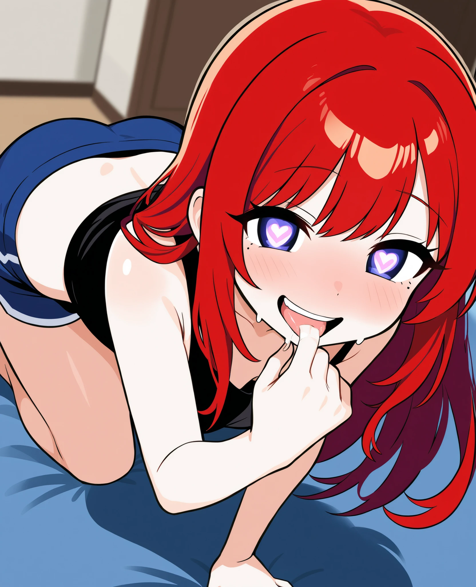 beauty Married Woman 0 red hair long hair attractive glamour tank top shorts sexy nasty expression smile From the side of the whole body all fours salivate You can put an observer's finger in your mouth hearts in my eyes angle from above