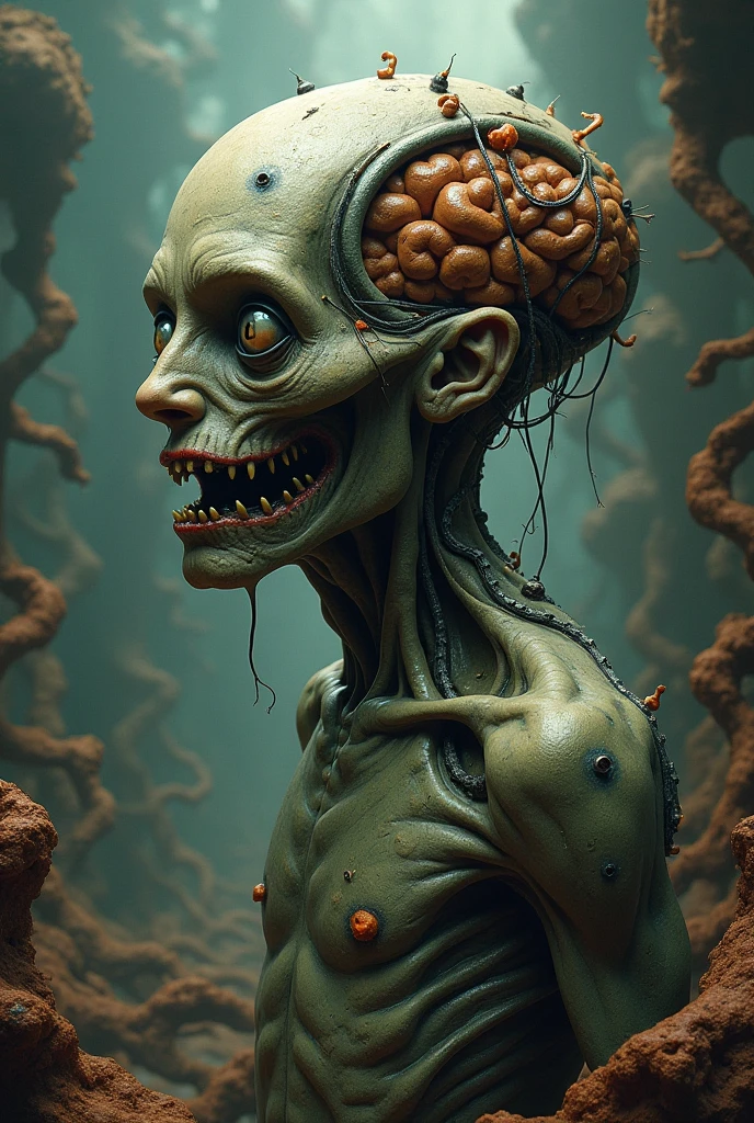 A female zombie eats broccoli, brain-shaped broccoli, brccl, ral-braynclz, very detailed, hyperrealistic