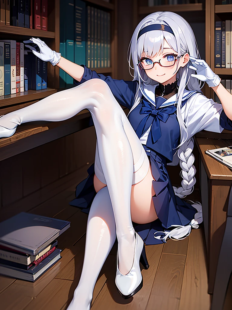 girl, full body, panorama, study, sitting on the floor, bookshelf full of books, white stockings, glasses, white hair, 4k, blue eyes, light blue pajamas, wearing cool, full of details