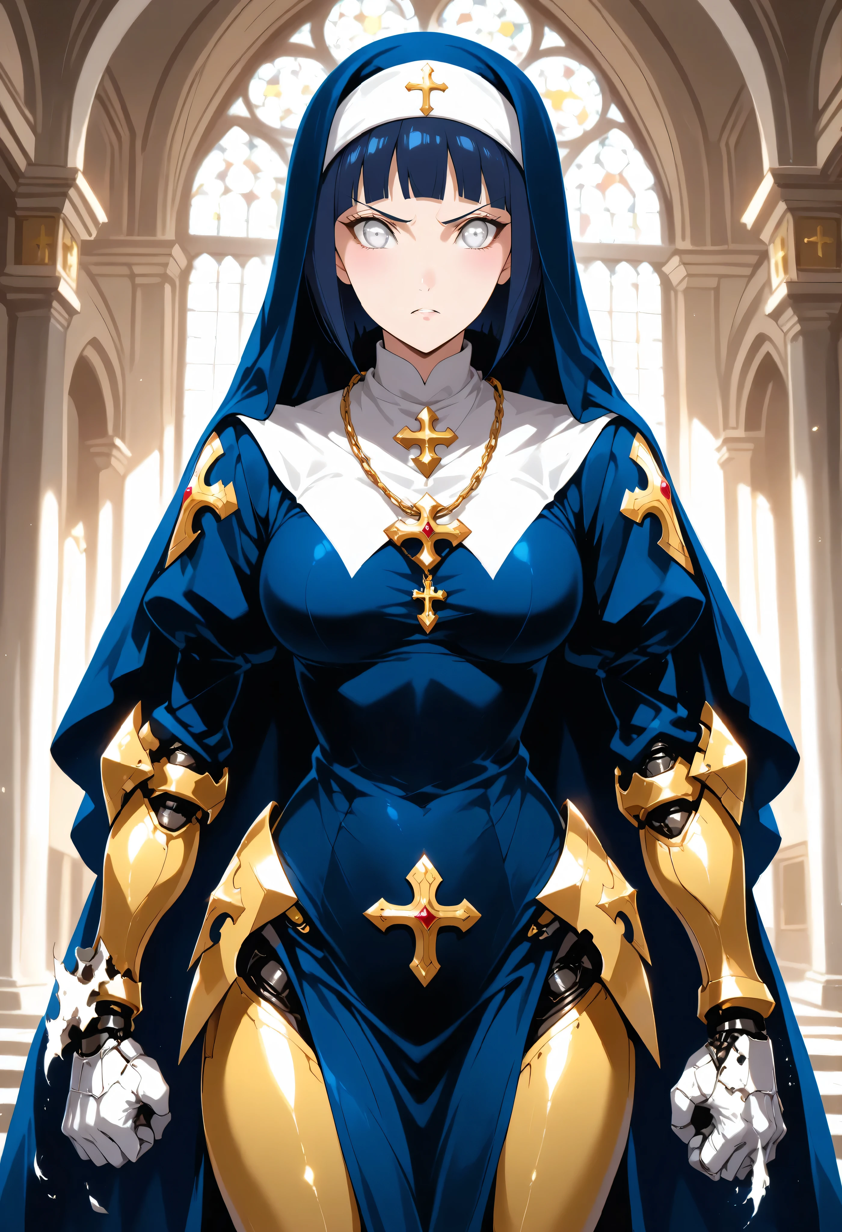 score_9,score_8_up,score_7_up,solo,looking at viewer, Hyūga_Hinata's/Boruto, White Eyes, short hair,bangs,shirt,Dark Blue hair,(Old West), a Nun in black (the secret underground bar，What are the stories of debauchery and extravagance Passionate lustfull, Wearing Nun Clothes, Cyber Templar Organization Leader, Mechanical Body, Cyborg Body, Destroyed Body, ((Ripped Hand : 1.4))