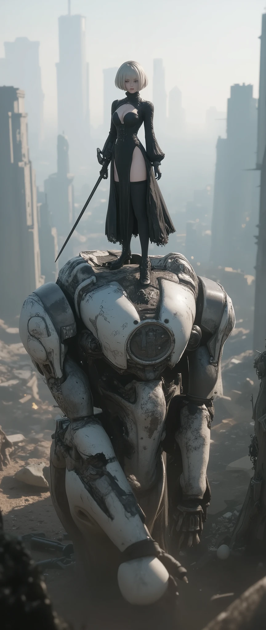 Fantasy art, Japanese anime, YoRHa 2B, YoRHa 2B standing on a destroyed and abandoned mechanical soldier