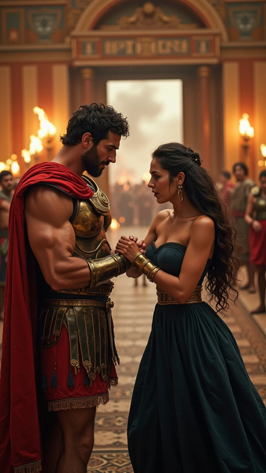 A Hasselblad photo of Iago whispering in Othello's ear. Othello has tanned skin and is standing on a big balcony. Desdemona is standing in the background, unaware of the conversation between Iago and Othello. The background contains a city with buildings. The image has a cinematic perspective. The details are accurate and highly detailed.