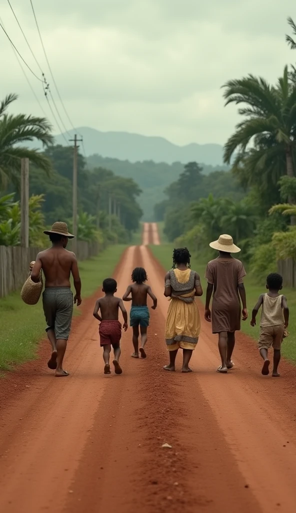 Naked plump white-skinned woman with brown hair with a man walking along a dusty road with baobabs in Madagascar, full-face