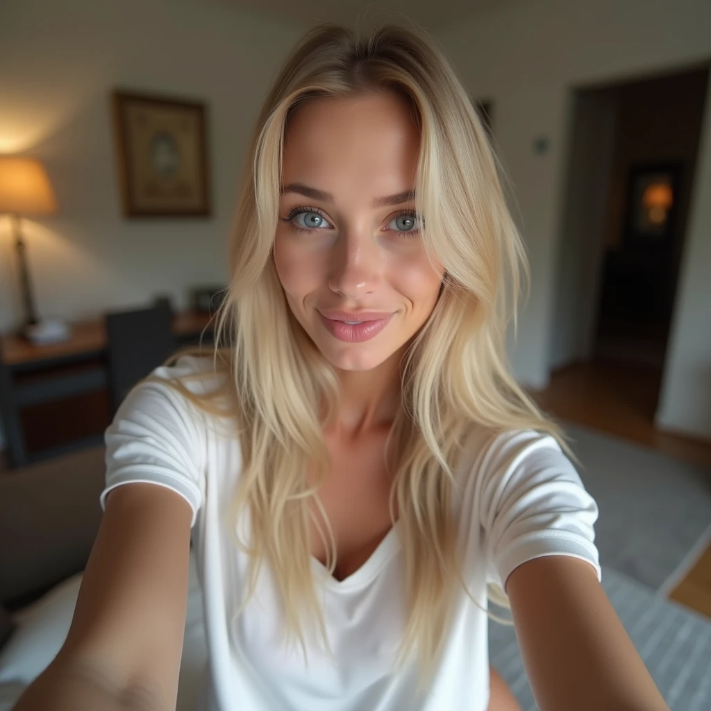 High detailed blonde young woman, wavy hair, wearing black sweater, without underwear, cuzy bed, winter view from the window, 8k, ultra realistic, smiling, geen eyes, instagram model, cool tattoo on her leg