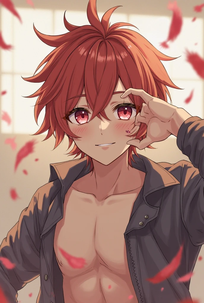 ((masterpiece, best quality)), (hyper detailed, detailed background), 1girl, hair over eye, heterochromia, smirk, short hair, red hair, glowing eyes, (spiralwash eyes), white shirt, hoodie with zipper, Off shoulder, cinematic light, looking at viewer, wind, close-up, night, dynamic angle, blurred edges of the picture