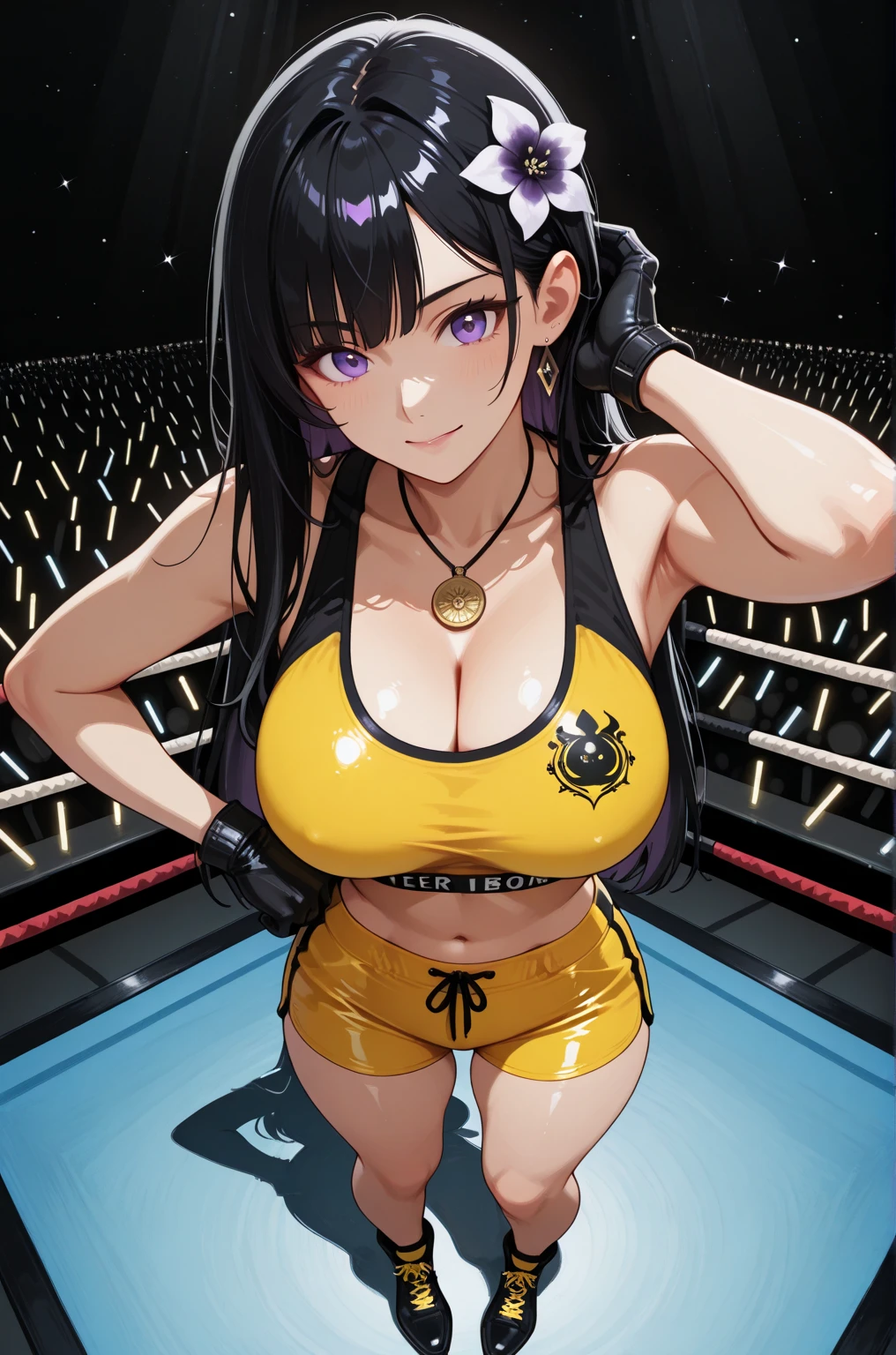 (A superb exquisite Chitanda Eru), (adult face), intricate details, (finely detailed beautiful eyes: 1.2), purple eyes, long black hair, natural straight hair, straight bangs, solo, [Small_breasts: large_breasts: 0.5], normal breasts, extremely delicate, peerless beautiful girl, dreamy quality, exaggerated facial features, solid color, delicate face, bright lips, slender waist, straight curves, soft lights and shadows, super fine, 8K, HD, (masterpiece:1.4), (((wrestling, ring, yellow t-shirt)))