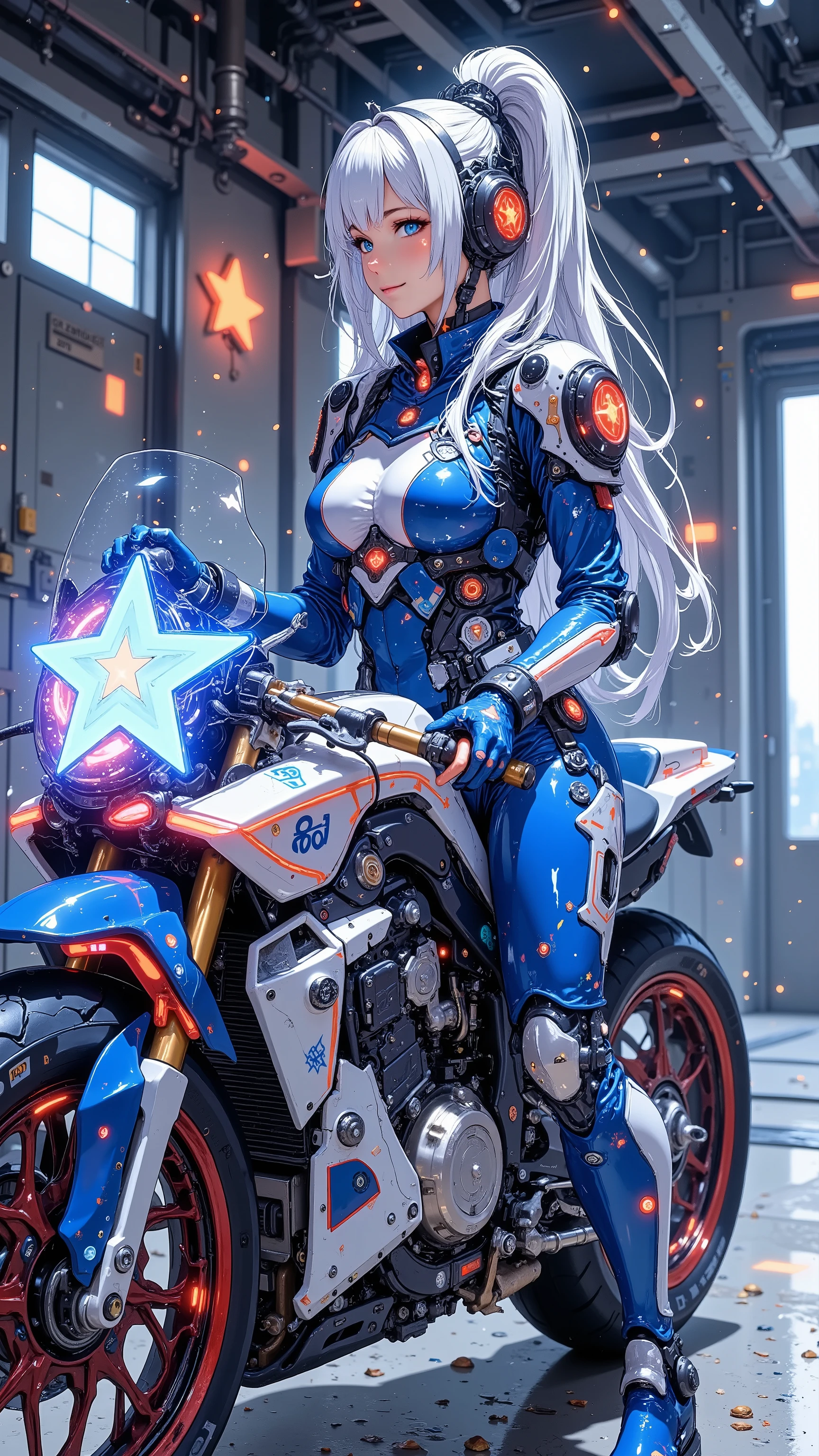 A powerful cyber rider in a metallic blue and white suit with star insignias, sitting on a futuristic glowing bike with red, white, and blue stripes. The helmet features a glowing star. Set in a neon-lit industrial garage.