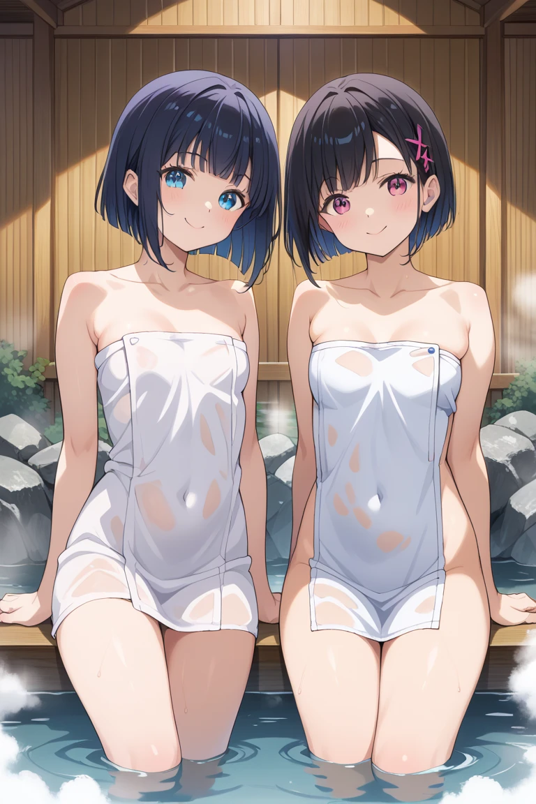 2 girls, see-through swimsuit and bodysuit, small breast, one turned to face the camera the other - bent view from behind