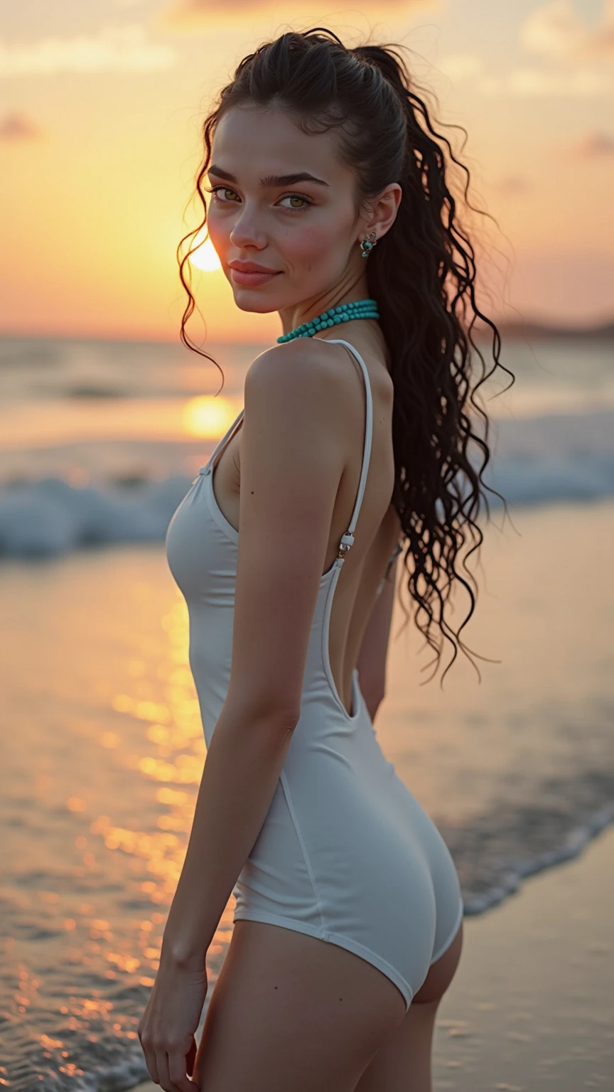 8k, masterpiece, RAW Photos, Highest quality, Realistic, Very detailed, Depth of written boundary, Cinematic Light, Anatomically correct body,
(An elegant and beautiful mature woman:1.2),
Wavy black long hair, Very beautiful face, Exquisitely detailed face, Goddess-like deity々Beautiful, Glamorous Body, Very sensitive skin, Transparent white skin, Beautiful and bountiful breasts, (Sexy ass:1.5), Sexy thighs,
(White high-legged swimsuit:1.5), Detailed cloth texture, Gorgeous necklace, Gorgeous earrings,
Starry sky background, Dark sandy beach at night, Pitch black sea surface,
((Beautiful back view:1.5)),