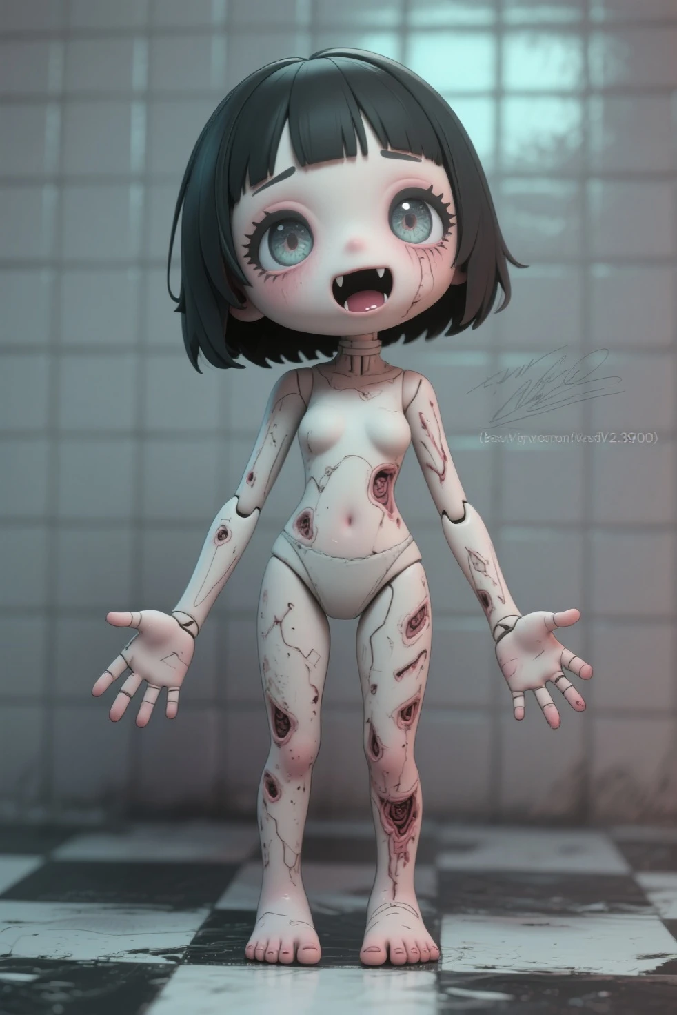rating_explicit, score_9_up, score_8_up, score_7_up, uncensored, huge breasts, pale doll-skin, cute eerie face, oppai- proportions, big eyes, ((scared tiny pinprick pupils)), (((short black hair))), (shiny huge breasts), runny mascara, naked tiny young prepubescent asian creepy oppai-lolil limply leaning against old wall, sitting limply in dusty attic corner, (sitting on butt, legs splayed out wide)), porcellain skin, red eyes, cute eerie doll face, stretched-out legs revealing tiny pussy, expressionless face, closed mouth, kuudere, cute bare doll-feet, (((doll-joints))), ((cracks in skin)), solo, 1girl, skinny and eerie cutie, ((dusty attic background, wooden floorboards)), (skinny legs), thin body, hands resting on skinny thighs