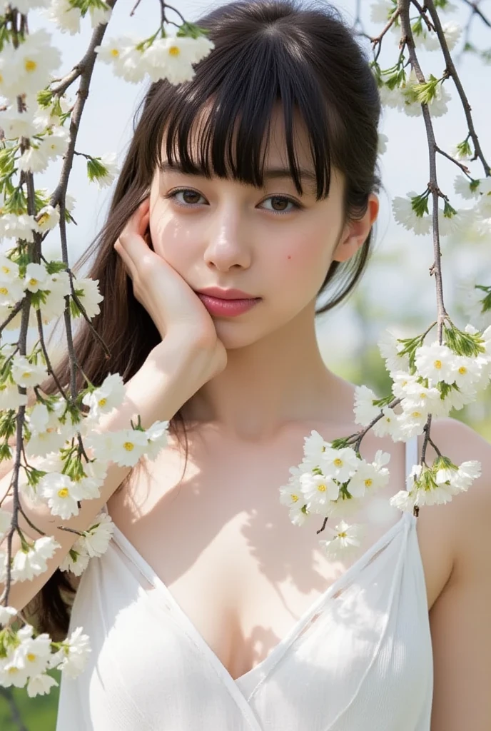 (A girl lying comfortably in the garden with her arms and legs spread apart、green grass and blooming flowers、peaceful ambiance)、(top-quality、8K分辨率、masterpiece: 1.2)、(vivd colour、Pictorial style)、(Soft natural light、shadows and highlights)、Look only at the viewer