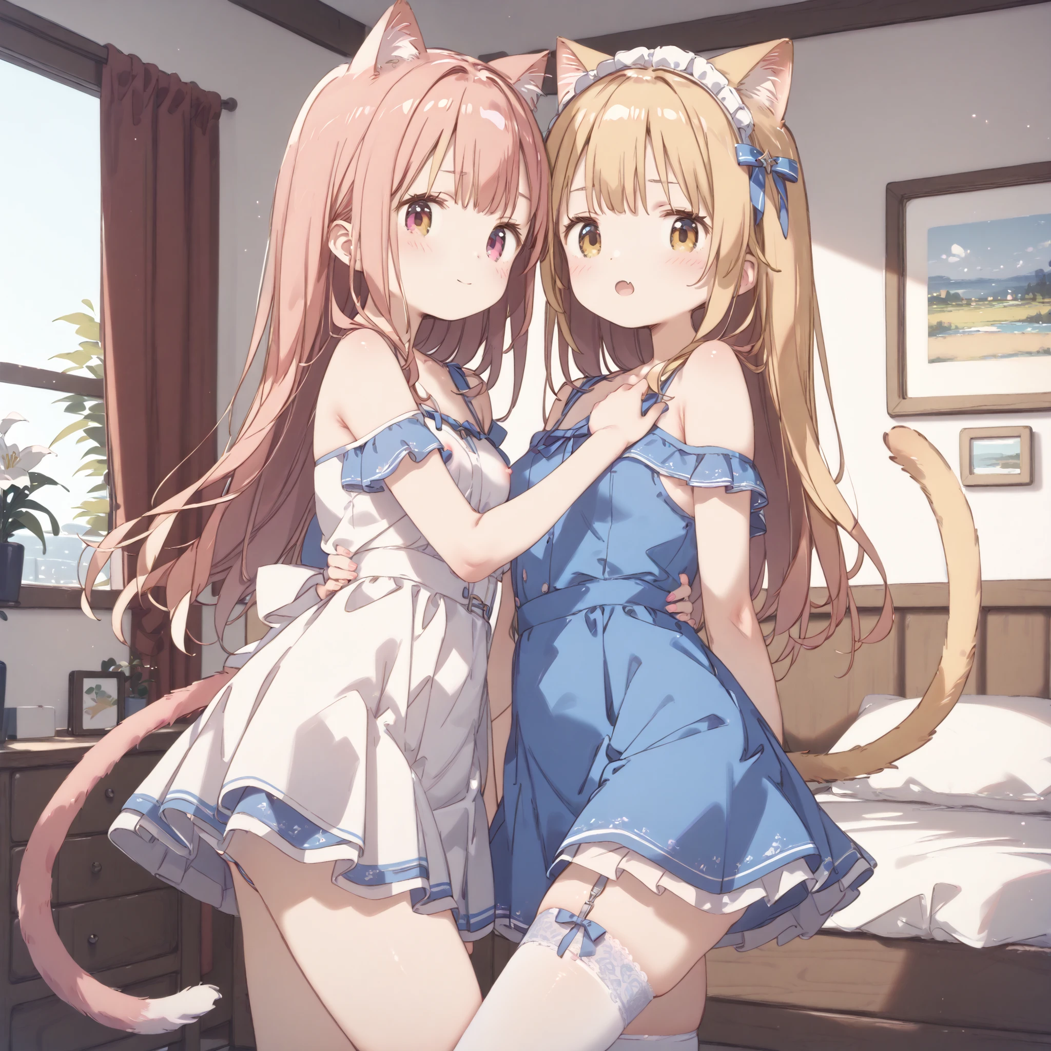 high image quality、High Quality、8k、4k、Two Girls、Young girl、Juvenile body、 lori、 lori体形、lily、lesbian、Baby Face、Cat ears、 cat tail、 small 、summer dress、skirt、garter belt、stockings、Antique Room、pretty nipples、 Symmetrical Breasts 、nipples visible、I can see my crotch、on the bed、embarrassing、 show off crotch:2.0