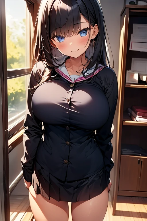 realistic image, coherent image, detailed image, 1 beautiful girl, She has black hair, long, silky hair, long eyelashes. Golden eyes, she has fox ears and fox tails. Her face is oval and delicate, smiling. She is wearing a long sleeve sweater, navel showing, pleated mini skirt. She has a curvy body, big breasts, thick thighs, volumetric lighting, natural lighting, sexy pose