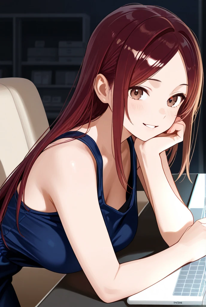 (masterpiece), best quality, expressive eyes, perfect face, AI art Shiori generated for keywords ((masterpiece)), ((best quality)),(ultra-detailed), (lovely), ((extremely detailed)), (beautiful), pretty face, (fujisaki shiori), mature girl, 4K, 8K, 1girl, solo fujisaki shiori, lovely happy, shiny skin, beauty girl, perfect legs, red eyes, Realistic, extremely detailed CG unified 8K wallpaper, highly detailed, high-definition RAW color photos, professional photography, featuring Fujisaki Shiori from the beloved Tokimeki Memorial series, medium straighten hair, long hair, red hair, lash-grazing, air fringe, (yellow-headband:1.2)live alone, 22-years-old, adult girl, gigantic breasts, E cup breasts:1.1, cleveage, nipples, wide hips, in summer, at noon, live hong kong, music office to do intern, in music culture center venue, use laptop to check Arrange music culture event process, (on the wall hanging music poster:1.1), (a neck Hang Employee ID card), girl's sweater sleeveless shirt, skirt, white lace panties, sit on office chair, (crossing legs:1.4), (working posture:1.4), affairs works:1.1, use tablet working, (see cameltoe very extremely highly detailed:1.1), (see white lace panties:1.4), cowboy shot, dynamic angle.