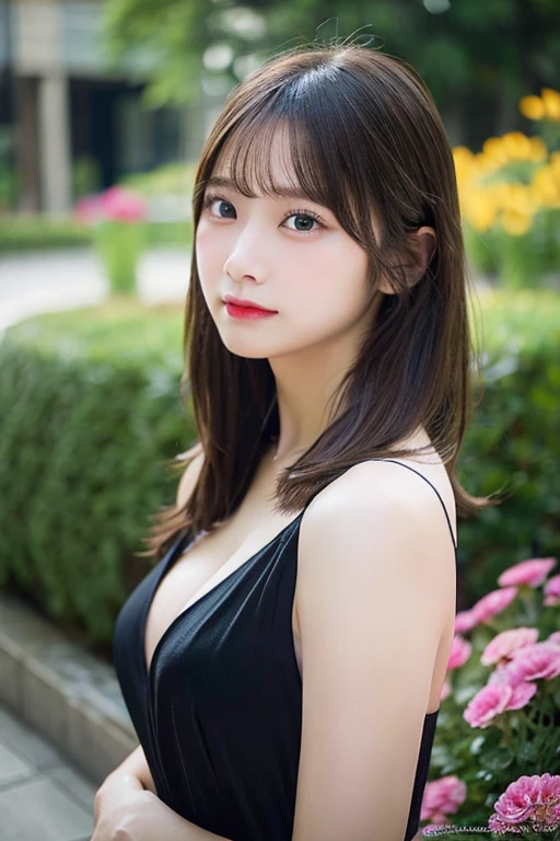 ((solo, 1woman, (TakashiroHiroko, dark purple eyes, red hair, long hair), lipstick, Extremely detailed, ambient soft lighting, 4k, perfect eyes, a perfect face, perfect lighting, a 1girl)), ((solo, (1woman, lipstick), Extremely detailed, ambient soft lighting, 4k, perfect eyes, a perfect face, perfect lighting, a 1girl)), , ((fitness,, shapely body, athletic body, toned body)), ((black dress, garden, flowers))