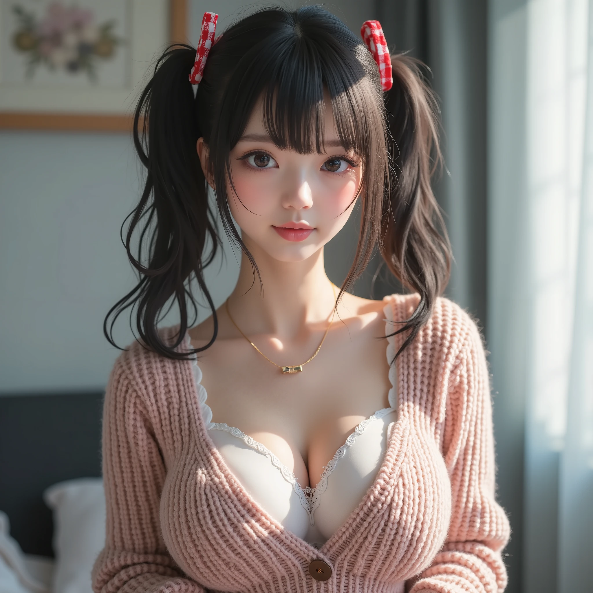 Highest quality、Cleavage、Big Breasts、Nipples、Pink kimono、Clothes falling apart、Twin tails、Brown Hair