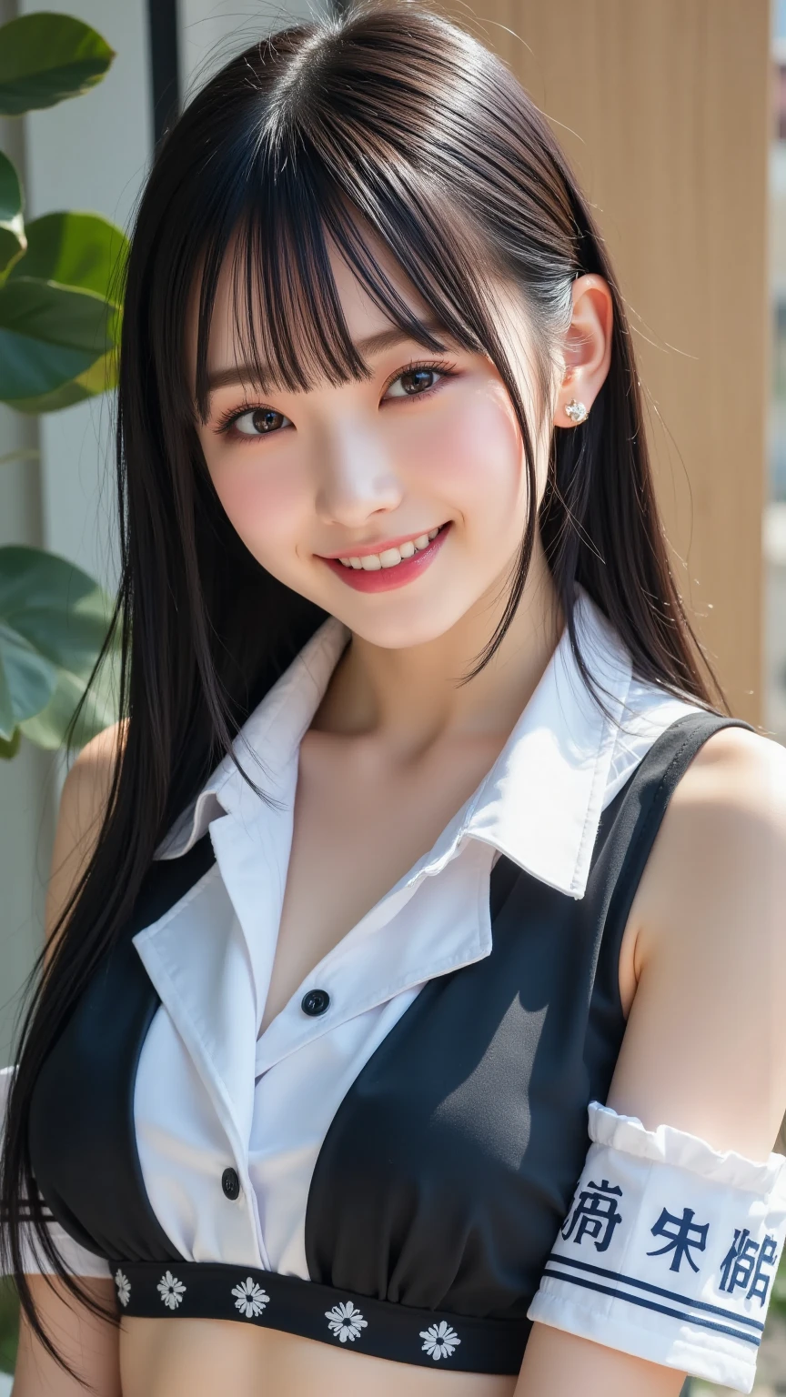 ((Medium Long Hair:1.3)), ((straight legs:1.3)),(Mole under the corner of the right eye:1),8k, Tabletop, RAW Photos, Highest quality, Very detailedな CG Unity 8k 壁紙, Written boundary depth, Natural light, Lens flare, Ray Tracing, (Very beautiful face, Beautiful Lips, Beautiful Eyes), Exquisitely detailed face, ((Very detailedな肌)) One Girl, Cute Korean Girl, K-POPアイドル, ((1 girl)), (Very slim and slender fit muscular body:1.3), ((The whole body is facing upwards:1.3)),(A shy smile:1.3), Clear Eyes, (Pale skin), (Big eyes),(Black Hair),Very slim, Mid-chest, In front of eyebrows, Thick thighs,Highest quality, Highest quality, 16K, Unbelievably absurd, Very detailed, 2.5D, delicate and dynamic, Confetti、 flag, Very delicate look, Delicate eye depiction, Very Fine Hair,erotic, Sexy Woman, Healthy body shape, Cheerleader、Sexy long legs, Glowing Skin, , ((Lounge、bar counter、Banner Girl、night))、Stick your butt out、Tie up your hair、Big Ass、Shyness、Top view、Emphasize the chest、Sweat