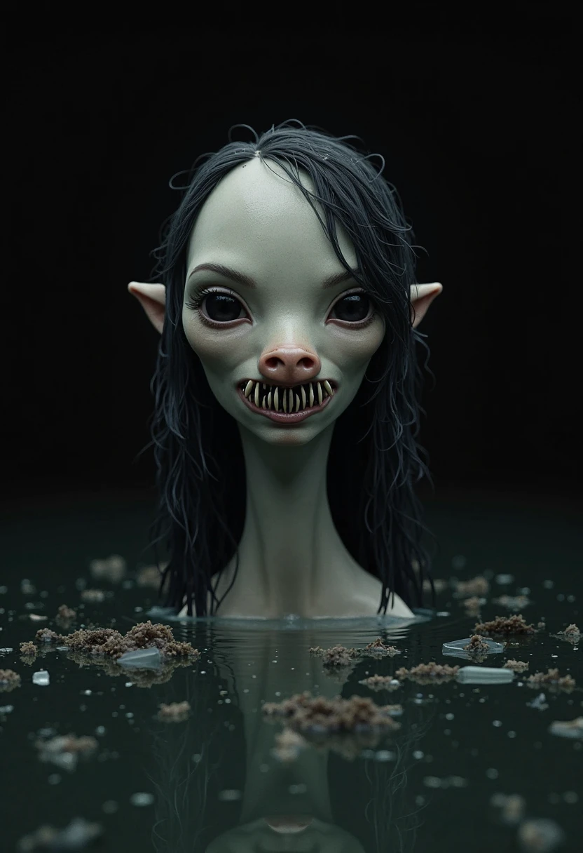 one girl, elf ears, , pure, cute naked, topless, a Woman alien mix, human Body, big tits,   shed skin, alien nose but the Rest of the face ist human,  big eyes, full black eyes, hybride 10 % elf 30 %alien and 60 % human, face mostly woman,  shed kin at Body Arms and shoulders and neck, tits are human , nipples , full black Iris, slender No clothes,snake shed skin, blue skin, fish skin, top down POV on the sitting on the floor with her mouth open, sticky white translucent liquid shooting down into her mouth,