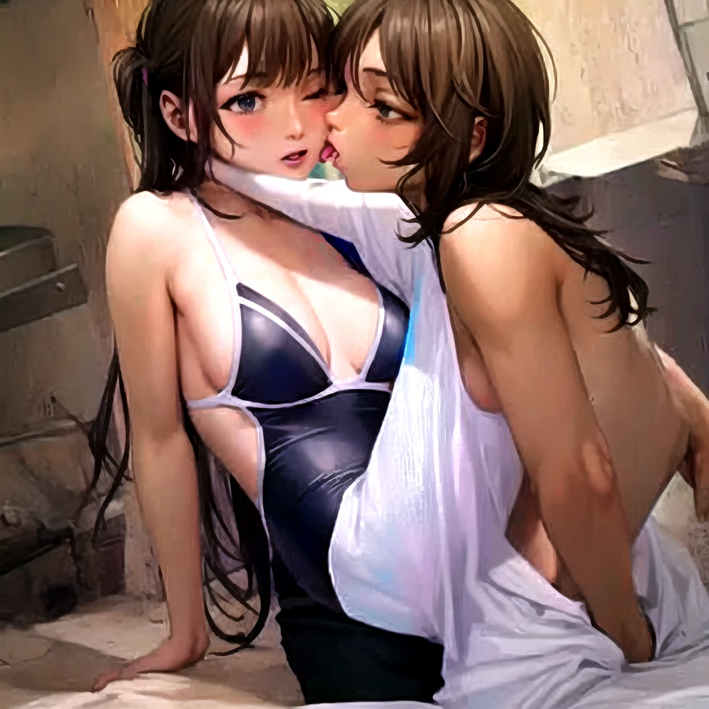 nobara, jjk, schoolgirl uniform, 20 years old, brown hair and eyes, Sweat、thigh high socks, socks,soles of feet in socks, sock focus, foot fetish, Panties and bras are wet,female genitalia is clearly visible,2 girls, 2 girls kissing, Desire for dissatisfaction,Sperm spillage、Through panties,tear drop,sperm,huge boobs, an look of enjoyment, cleavage, other girl giving foot massage