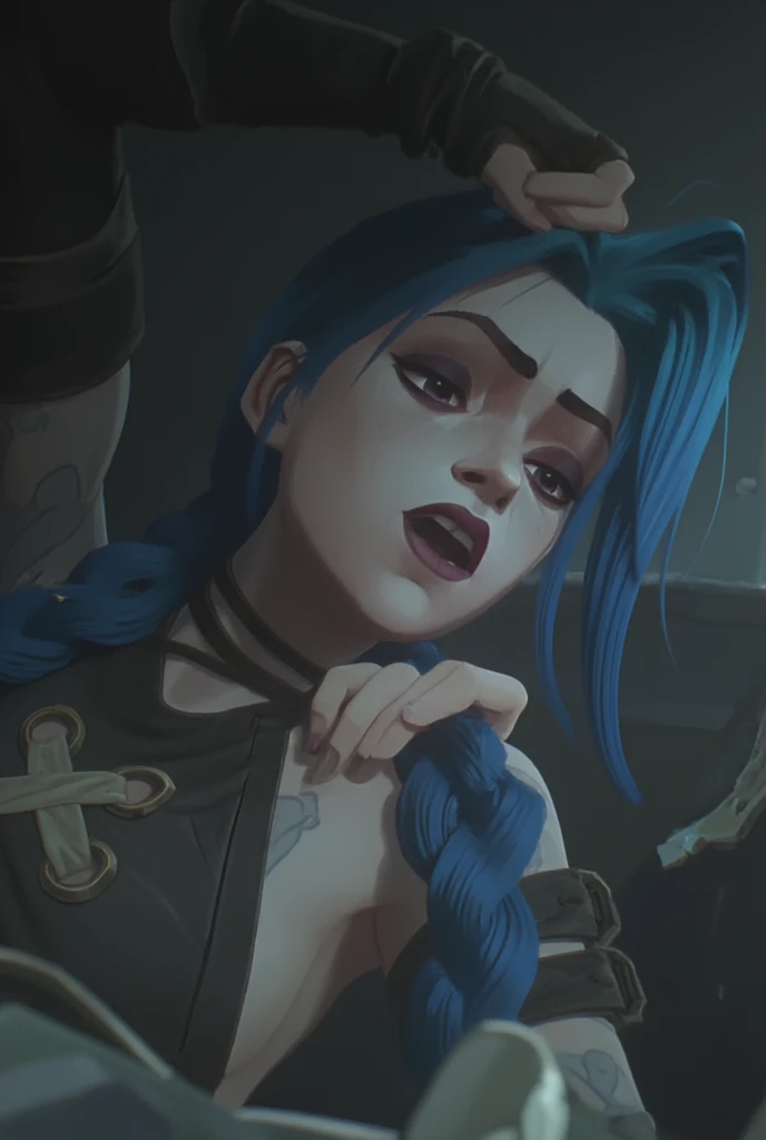 Jinx arcane, front view, on her knees, naked, nude, photo taken from above, jinx sucking dick, jinx sucking cock, jinx is giving blowjob, POV blowjob